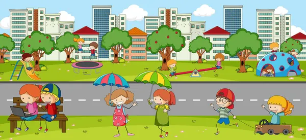 Escena Aire Libre Con Muchos Niños Jugando Ilustración Del Parque — Vector de stock