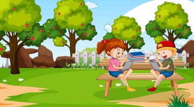 Parktaki resimde çocuklar tabletle çevrimiçi eğiliyor