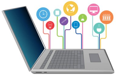 Beyaz arkaplan illüstrasyonunda akademik simgesi olan dizüstü bilgisayar
