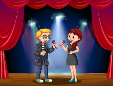 Sahnede mikrofonla şarkı söyleyen çift