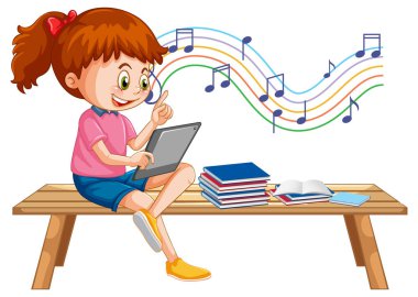 Kanepede oturan kız tablet çiziminden öğreniyor.