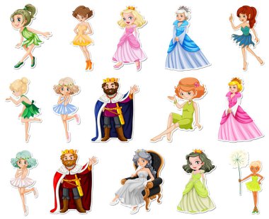Farklı peri masalı karakter çizimleri içeren etiket seti