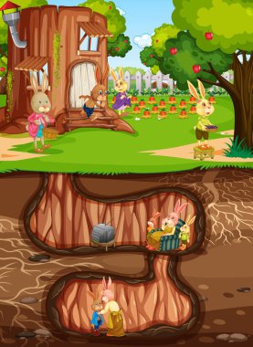 Bahçe sahnesinin zemin yüzeyine sahip yeraltı tavşan deliği.