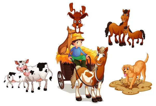 Carruaje Caballos Con Ilustración Animales Granja — Vector de stock