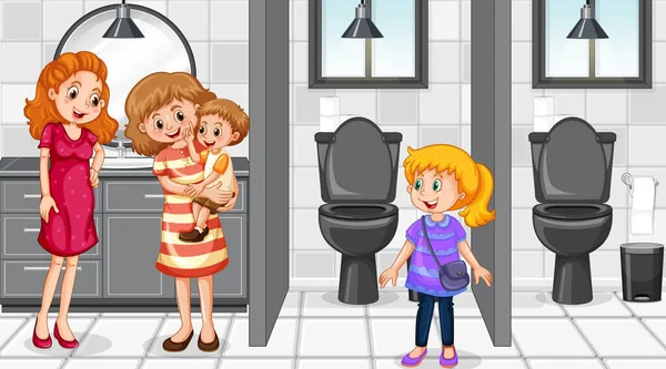 Люди Общественном Туалете Иллюстрацией Сцены Кабинки — стоковый вектор
