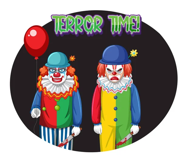 Teror Time Odznak Dvěma Strašidelnými Klauny Ilustrace — Stockový vektor