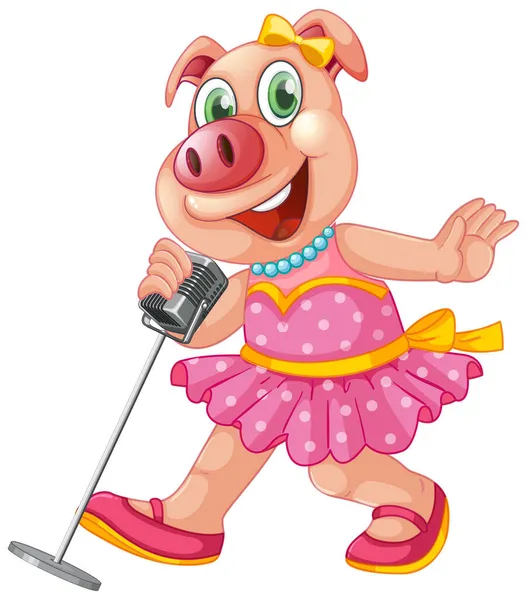 Little Cute Piglet Singing Microphone Illustration — Stock Vector