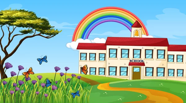 Nature Landscape Scene School Building Rainbow Sky Illustration — Stock Vector