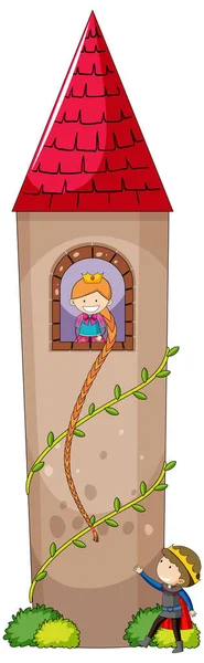 Simple Estilo Dibujos Animados Princesa Rapunzel Castillo Aislado Sobre Fondo — Vector de stock