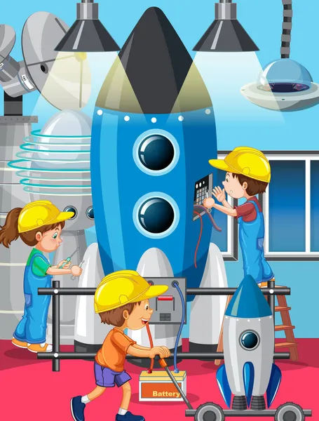 Szene Mit Kindern Die Gemeinsam Rakete Reparieren Illustration — Stockvektor