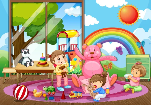 Kindergarten Cena Quarto Com Muitas Crianças Brincando Com Seus Brinquedos — Vetor de Stock