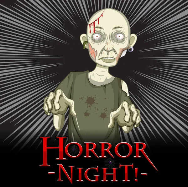 Horror Night Diseño Texto Con Zombie Espeluznante Ilustración Rayos Oscuros — Vector de stock