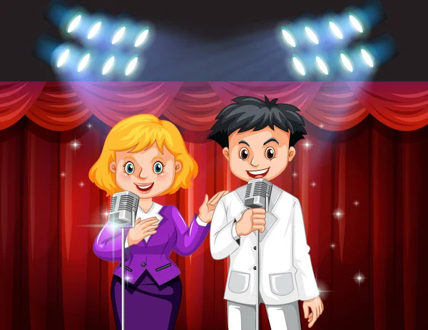 Pareja Cantando Con Micrófono Escenario Ilustración — Vector de stock