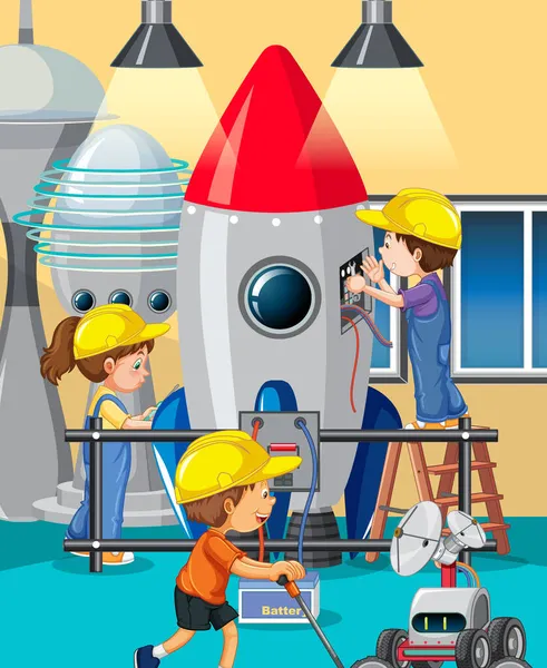 Σκηνή Παιδιά Επισκευή Πυραύλων Μαζί Εικονογράφηση — Διανυσματικό Αρχείο