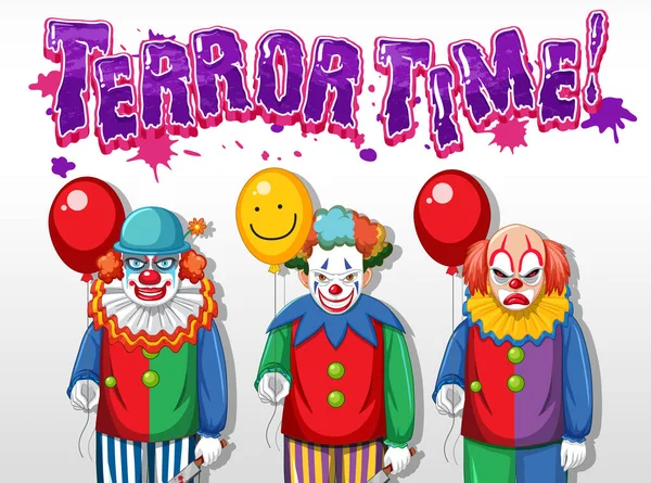 恐怖时代的文字设计 带有令人毛骨悚然的小丑插图 — 图库矢量图片