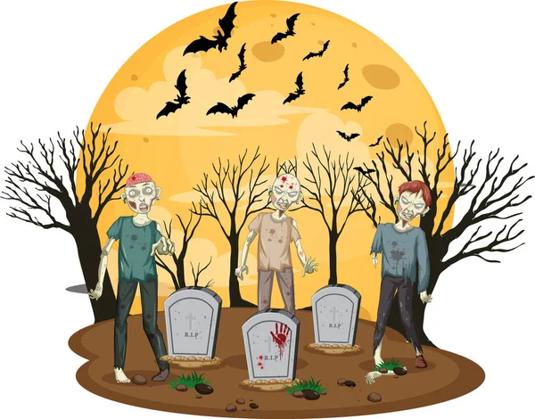 Zombies Espeluznantes Ilustración Escena Cementerio — Vector de stock