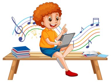 Çocuk bankta oturup tablet çiziminden öğreniyor