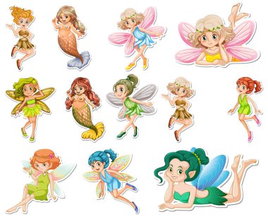 Üzerinde güzel periler ve çizgi film karakteri çizimleri olan çıkartmalar.