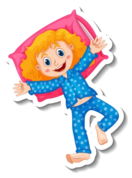 Sticker Template Girl Wears Pajamas Cartoon Character Isolated Illustration — Stock Vector