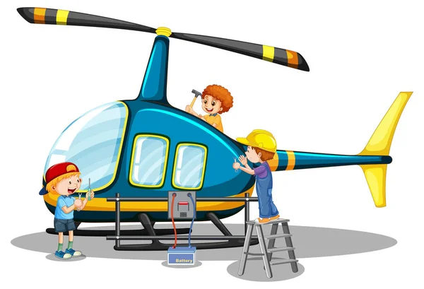 Дети Вместе Ремонтируют Вертолет Белом Фоне — стоковый вектор