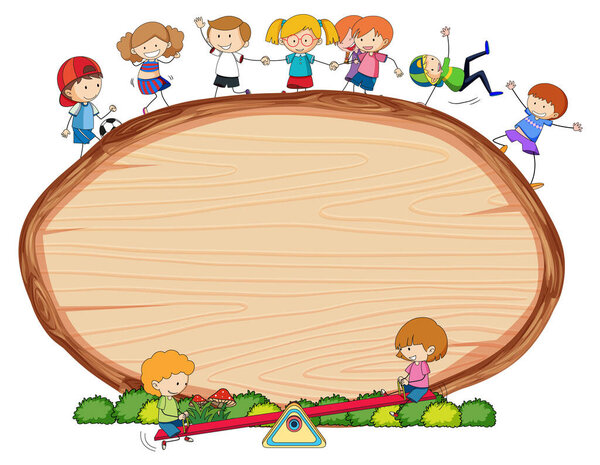 Blank wooden board in oval shape with kids doodle cartoon character illustration