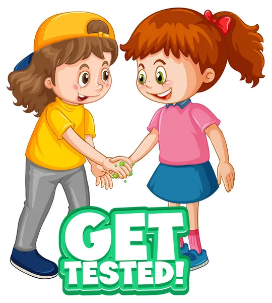 Two Kids Cartoon Character Keep Social Distance Get Tested Font — Stock Vector