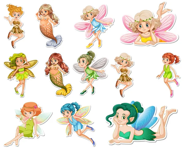 Üzerinde güzel periler ve çizgi film karakteri çizimleri olan çıkartmalar.