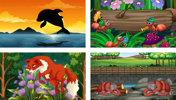 Cuatro Escenas Horizontales Naturaleza Diferente Con Ilustración Varios Animales — Vector de stock
