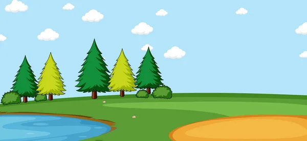 Tomma Park Landskap Scen Med Många Träd Och Damm Illustration — Stock vektor