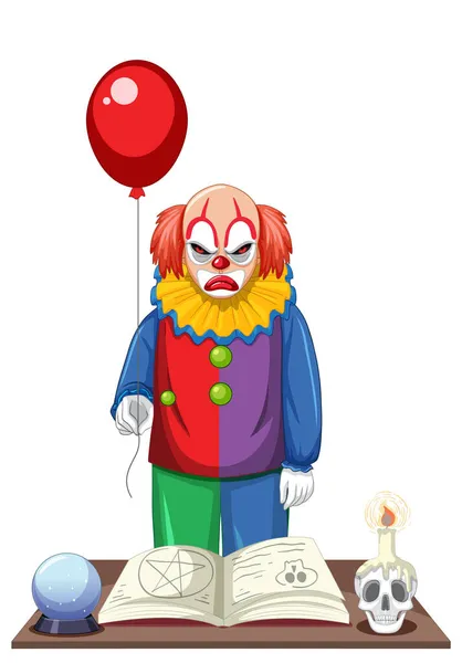 Creepy Clown Holding Balloon White Background Illustration — Stock Vector