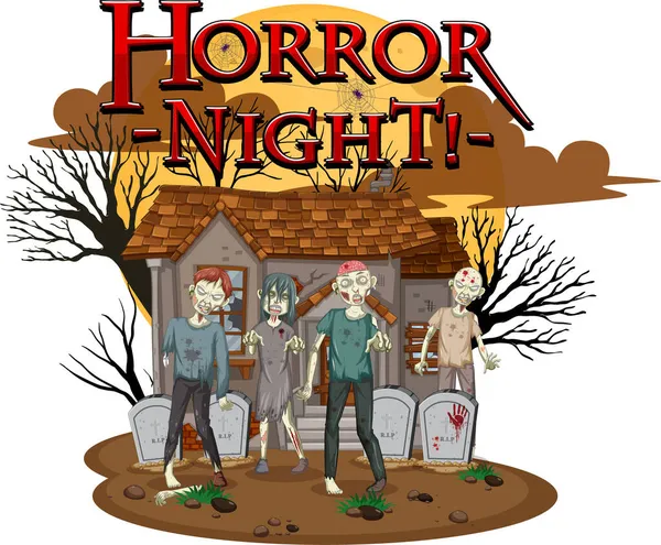 Horror Night Diseño Texto Con Ilustración Haunted House — Vector de stock