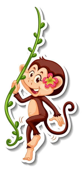 Monkey Holding Liana Cartoon Character Sticker Illustration — Stock Vector