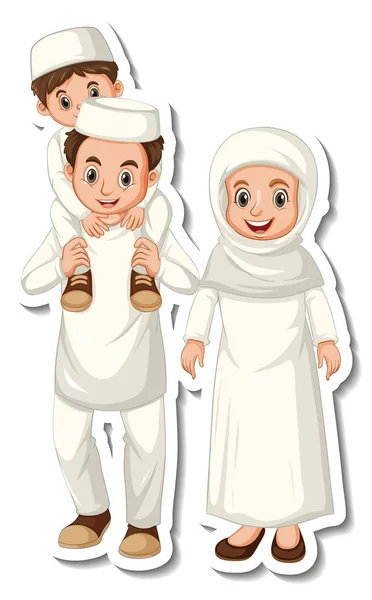Templat Stiker Dengan Ilustrasi Karakter Kartun Keluarga Muslim - Stok Vektor