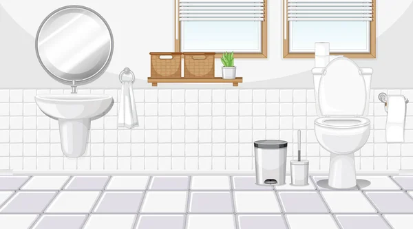 Interior Banheiro Com Móveis Ilustração Tema Branco — Vetor de Stock