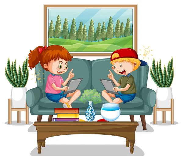 Dzieci Uczące Się Domu Urządzeniu Elektronicznym Ilustracja — Wektor stockowy
