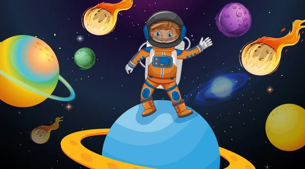 Ragazzo Astronauta Piedi Sul Pianeta Satern Scena Spaziale Illustrazione — Vettoriale Stock
