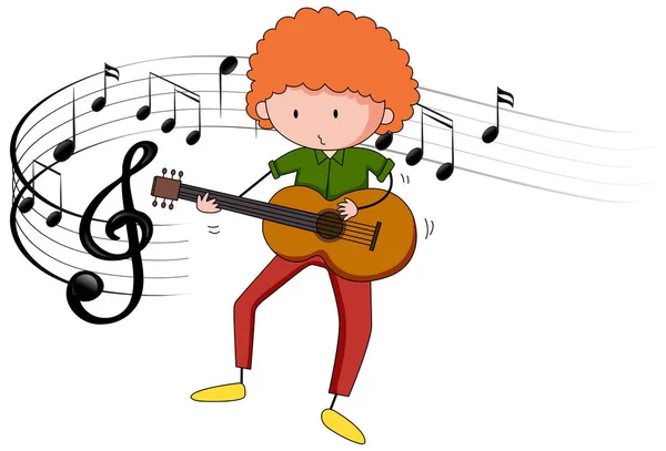 Cartoon Doodle Boy Playing Guitar Ukulele Melody Symbols Illustration — Stock Vector