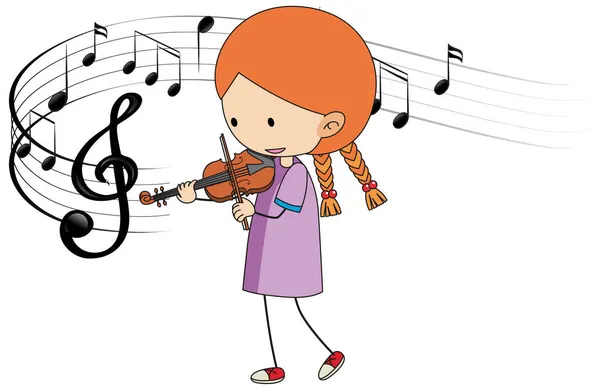 Cartoon Doodle Ein Mädchen Spielt Geige Mit Melodie Symbole Auf — Stockvektor