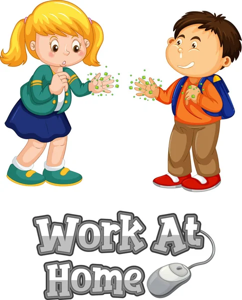 Work Home Font Cartoon Style Two Kids Keep Social Distance Stock Illustration
