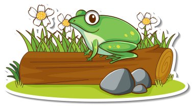 Kütük etiketinin üzerinde duran yeşil bir kurbağa.