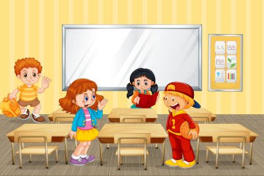 Öğrenciler çizgi film karakteri okuldan sonra eve dönmeye hazır.