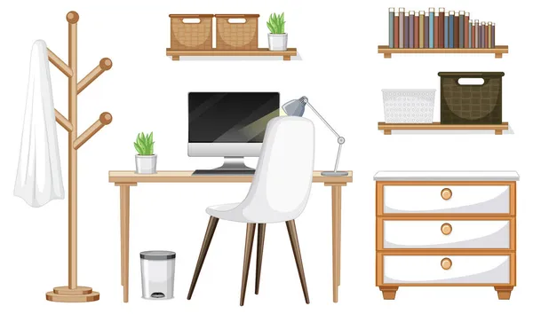 Möbel Set Für Den Arbeitsplatz Innenarchitektur Auf Weißem Hintergrund Illustration — Stockvektor