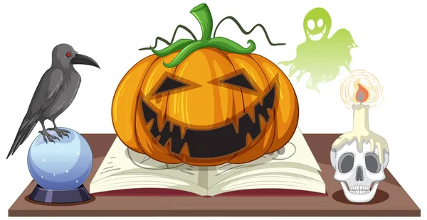 Halloween Pompoen Met Heks Objecten Illustratie — Stockvector