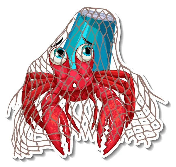 Crabe Ermite Coincé Dans Filet Tasse Plastique Illustration — Image vectorielle