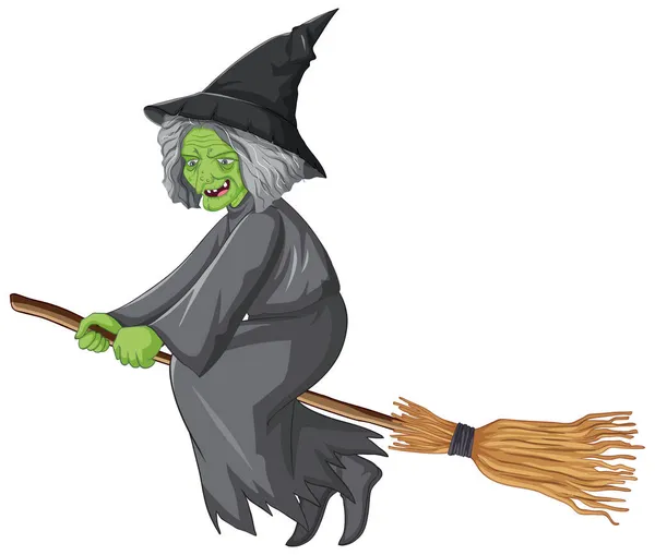 Old Witch Riding Broomstick Illustration — Stock Vector