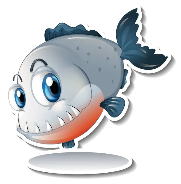 Tecknad Fisk Med Stora Huggtänder Tecknade Klistermärke Illustration — Stock vektor