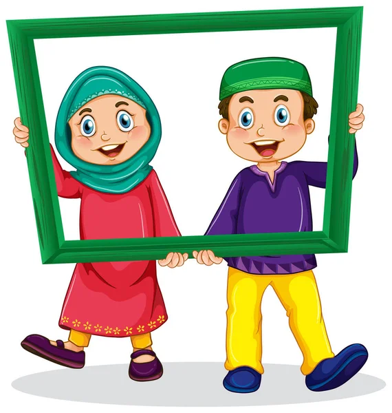 Χαριτωμένο Μουσουλμάνος Αγόρι Και Κορίτσι Φωτογραφία Στο Ξύλινο Πλαίσιο Εικονογράφηση — Διανυσματικό Αρχείο