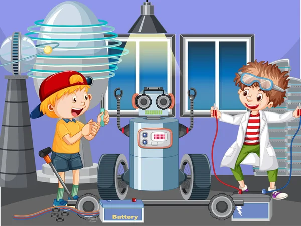 Scene Children Building Robot Together Illustration — Stock Vector