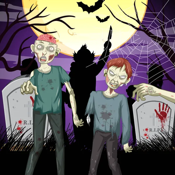 Griezelige Zombie Bos Begraafplaats Achtergrond Illustratie — Stockvector