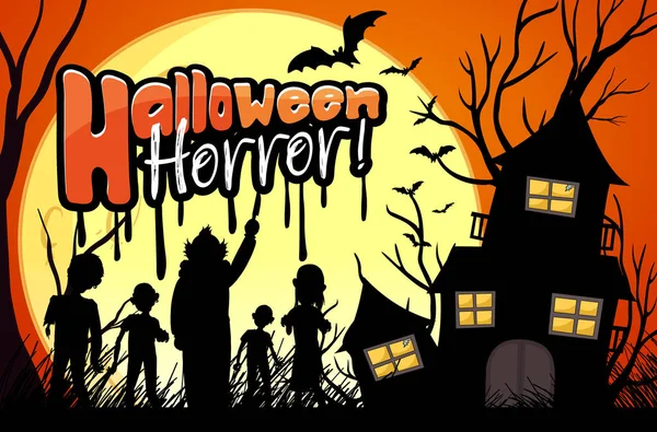Плакат Хэллоуина Изображением Дома Привидениями Силуэта Зомби — стоковый вектор